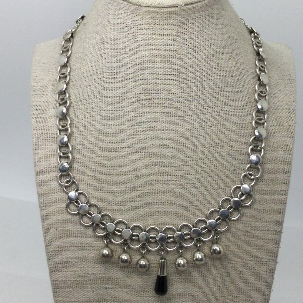 Vintage Taxco Mexico 925 Sterling Silver Onyx Accent Necklace